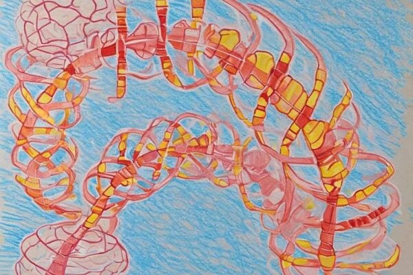 Crayon drawing of genes and a spinal cord, abstract