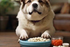 chunky dog with food bowl