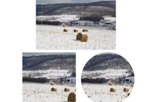 three images showing an original snapshot of a snowy farm with versions created by the new invention for Ai systems