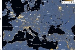 Time lapse shows average night light for Europe during 2022. Note how nighttime illumination within Ukraine diminishes as time lapse image progresses from January to December 2022. (image/Hang Xu)