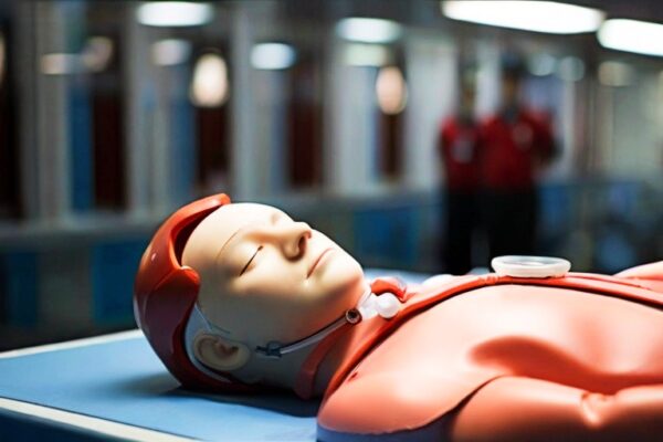 CPR training dummy lying flat with eyes closed