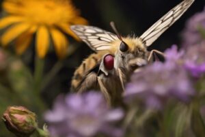 a nighttime pollinator, like a moth, holding its nose at the stinky fumes coming off near some wildflowers