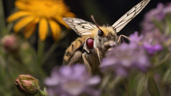 a nighttime pollinator, like a moth, holding its nose at the stinky fumes coming off near some wildflowers