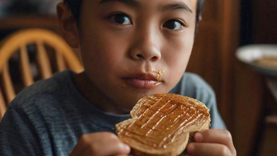 A boy eating peanut butter on bread