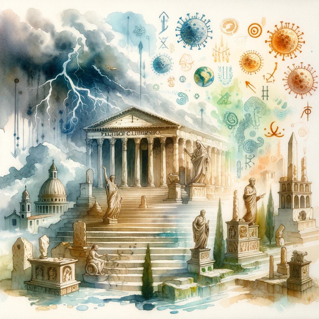 illustration of a temple and images of viruses