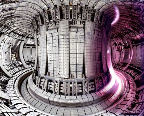 Interior of the Joint European Torus (JET) tokamak experimental fusion machine with a photo of the plasma overlaid.