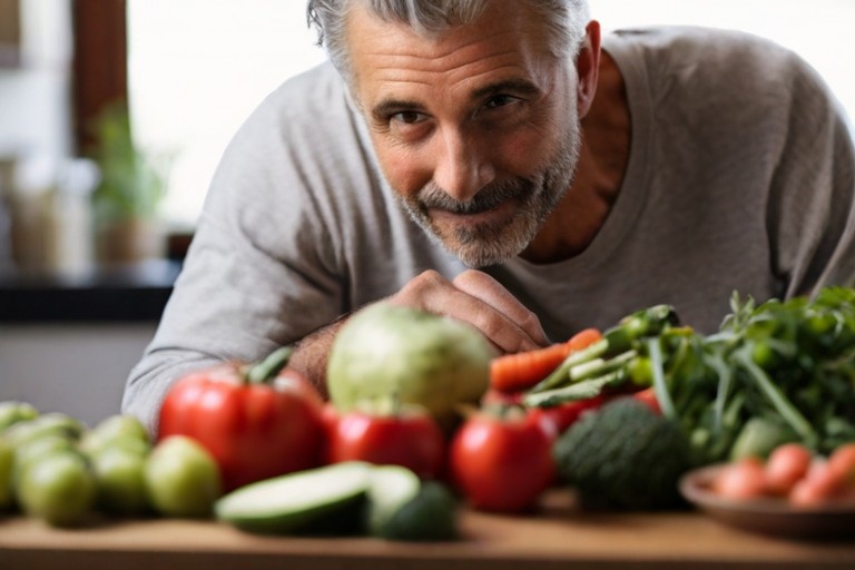 man looking at a counter top of vegtables