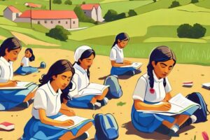 A digital illustration depicting a rural school with students studying outside, surrounded by fields and farmland. The illustration highlights the contrast between the picturesque rural setting and the hidden educational underachievement faced by students in these areas.