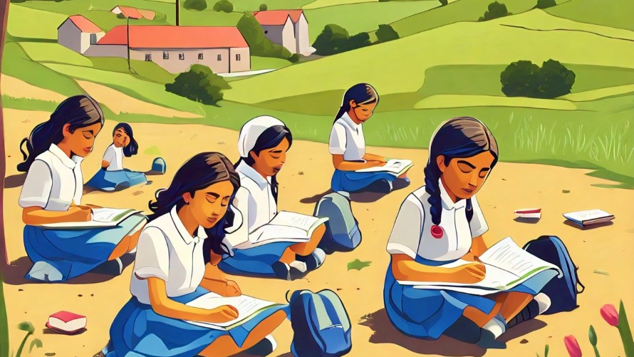 A digital illustration depicting a rural school with students studying outside, surrounded by fields and farmland. The illustration highlights the contrast between the picturesque rural setting and the hidden educational underachievement faced by students in these areas.