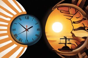 A digital illustration depicting a clock face split in half, with one side showing a bright sun and the other side showing a crescent moon. The clock hands are positioned to represent the time change associated with daylight saving time, and the background includes silhouettes of medical professionals and a gavel, symbolizing the link between daylight saving time and medical malpractice incidents.