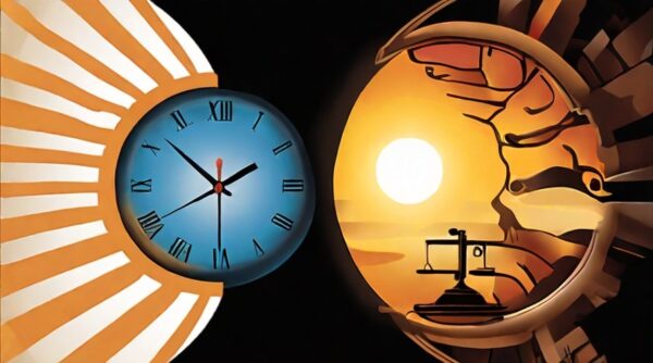 A digital illustration depicting a clock face split in half, with one side showing a bright sun and the other side showing a crescent moon. The clock hands are positioned to represent the time change associated with daylight saving time, and the background includes silhouettes of medical professionals and a gavel, symbolizing the link between daylight saving time and medical malpractice incidents.