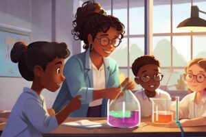 A digital illustration depicting a diverse group of students engaged in a science experiment, with a teacher providing guidance and support, emphasizing the importance of high-quality teaching in fostering resilience.