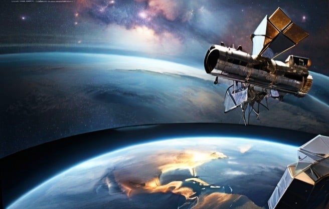 An illustration depicting the Hubble and James Webb space telescopes orbiting Earth, with a window-like interface displaying real-time information about their current observations. The background shows a stunning view of a nebula or galaxy, representing the cosmic wonders being explored by these powerful observatories.