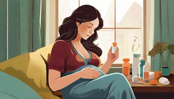 An illustration showing a pregnant woman taking medicine