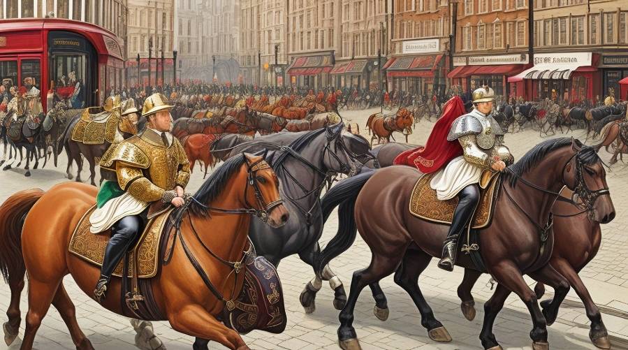 A bustling London street scene in the late medieval or Tudor period (around 14th-16th century).In the foreground, depict a group of three magnificent horses, clearly taller and more robust than the surrounding ones.