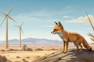 A digital illustration depicting a Joshua tree and a San Joaquin kit fox in a desert landscape, with wind turbines and solar panels in the background, symbolizing the delicate balance between clean energy development and biodiversity conservation.