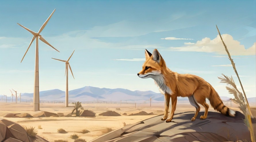 A digital illustration depicting a Joshua tree and a San Joaquin kit fox in a desert landscape, with wind turbines and solar panels in the background, symbolizing the delicate balance between clean energy development and biodiversity conservation.