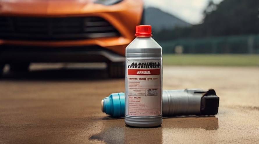 a bottle of ammonia sitting on the ground in front of a sports car