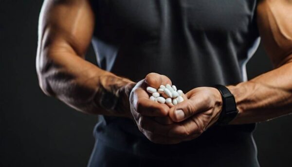 a very fit person holding a pill