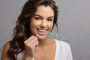 an attractive woman flossing her teeth