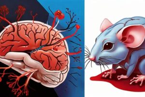 an illustration split in two. On the left is a brain, emphasizing its vascular system of blood vessels. On the right is a lab mouse sniffing the air