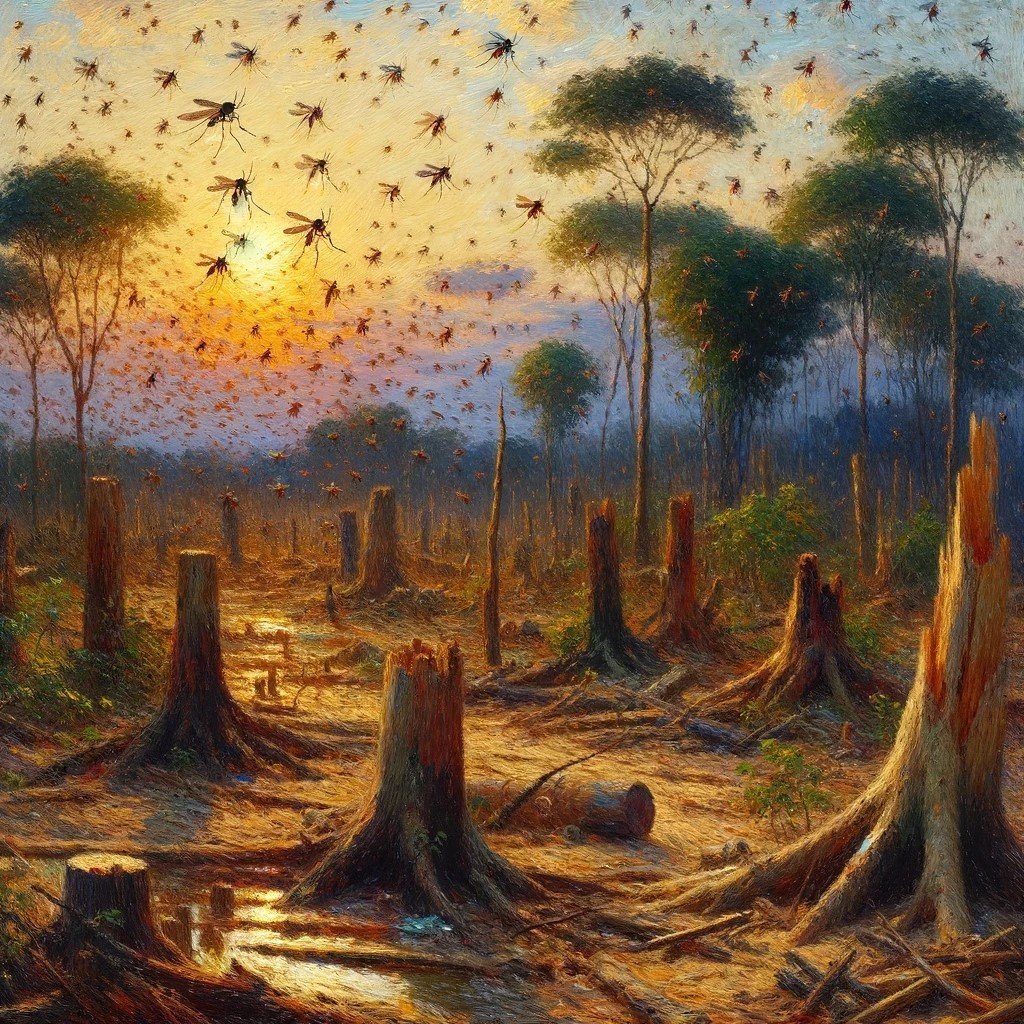 Illustration of tree stumps and insects