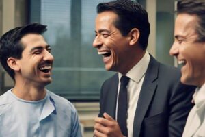 a pharmaceutical sales rep and a surgeon laughing over a good joke