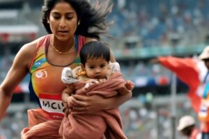 Athlete mom carrying infant while she runs