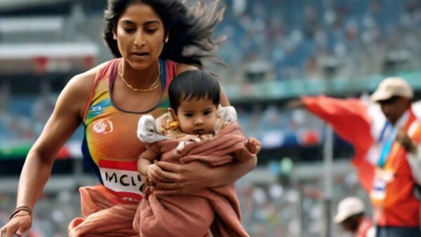 Athlete mom carrying infant while she runs