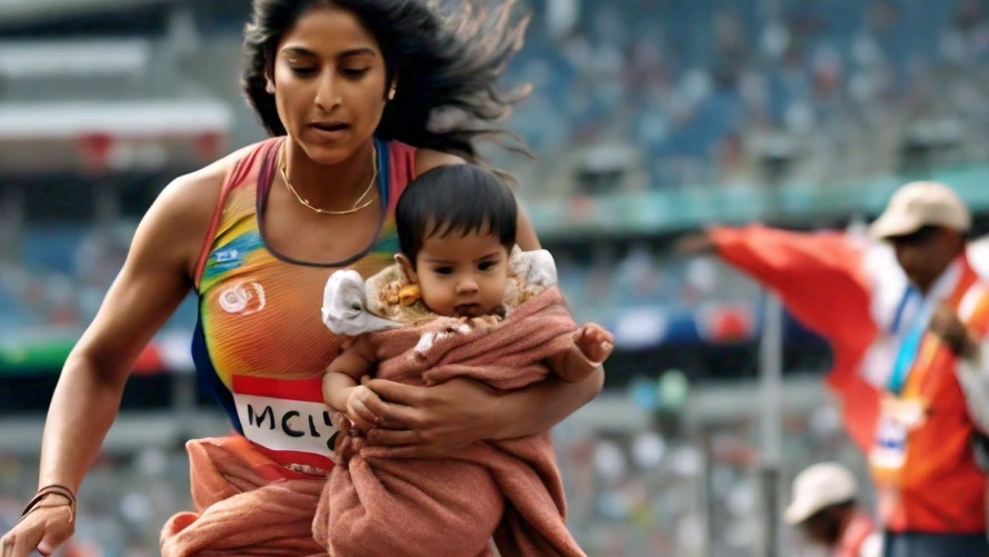 Athlete mom carrying infant while she runs