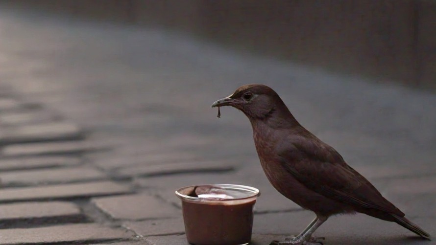 Bird eating chocolate pudding