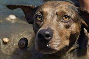 dog in river with fluke-hosting snail adjacent