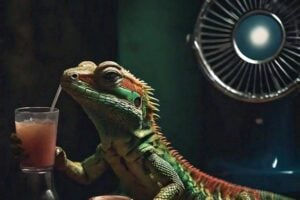 hot lizard with a cold drink and electric fan