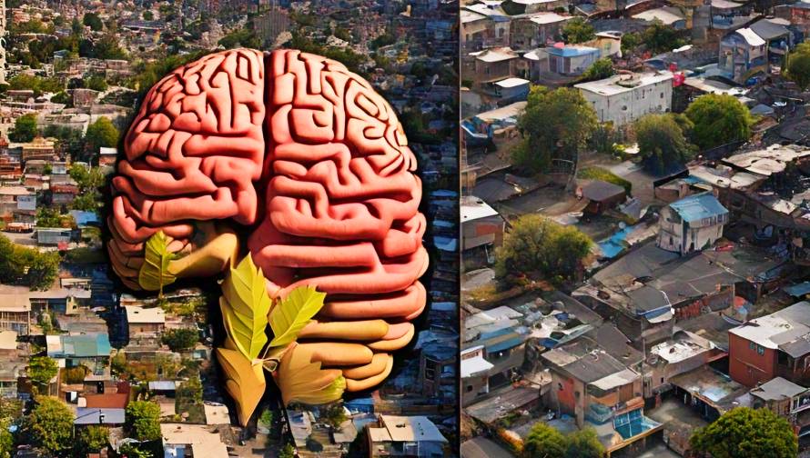 A split image showing a vibrant, well-maintained neighborhood on one side and a run-down, disadvantaged neighborhood on the other, with a brain superimposed over both, highlighting the connection between living environment and brain health.
