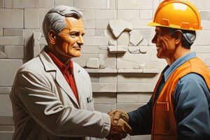 scientist and construction worker shaking hands