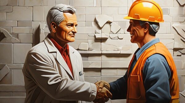 scientist and construction worker shaking hands