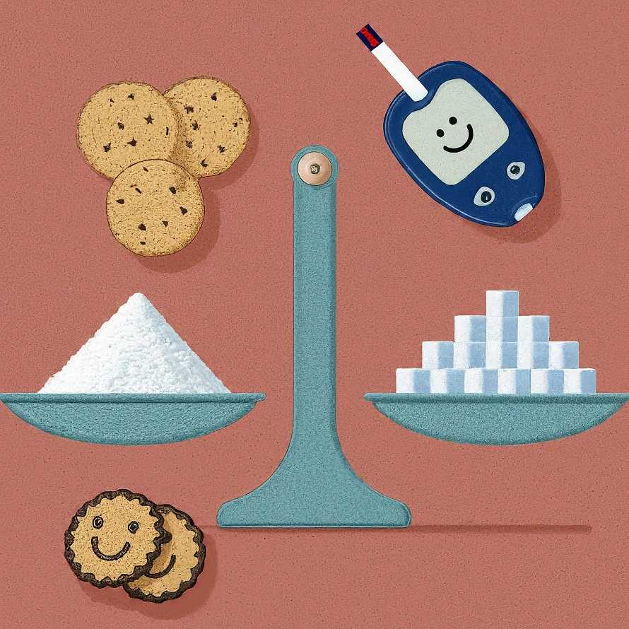 A colorful scientific illustration. A balanced scale with sugar on one side and artificial and natural sweeteners on the other. The sweetener side outweighs the sugar side. Biscuits and a blood sugar meter with a smiley face are in the background.