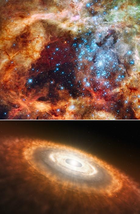The ULLYSES program studied two types of young stars: super-hot, massive, blue stars and cooler, redder, less massive stars than our Sun. The top panel is a Hubble Space Telescope image of a star-forming region containing massive, young, blue stars in 30 Doradus, the Tarantula Nebula. Located within the Large Magellanic Cloud, this is one of the regions observed by ULLYSES. The bottom panel shows an artist's concept of a cooler, redder, young star that's less massive than our Sun. This type of star is still gathering material from its surrounding, planet-forming disk.