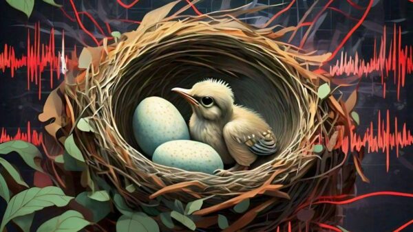 A digital illustration of a nest with eggs and a baby bird, surrounded by sound waves representing traffic noise