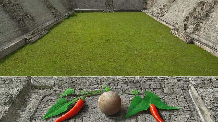 A generated image showing an ancient Maya ballcourt with an inset of four plants – morning glory, lancewood, chili peppers, and jool leaves – arranged in a ceremonial offering