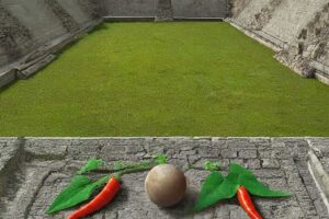 A generated image showing an ancient Maya ballcourt with an inset of four plants – morning glory, lancewood, chili peppers, and jool leaves – arranged in a ceremonial offering
