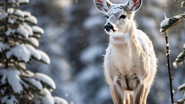 A photograph of a white-tailed deer standing in a snowy boreal forest, with a blurred background of snow-covered trees