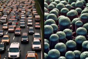 A split image showing a congested highway on one side and a dense bacterial colony on the other, illustrating the surprising connection between the two phenomena.