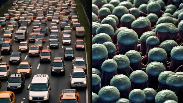 A split image showing a congested highway on one side and a dense bacterial colony on the other, illustrating the surprising connection between the two phenomena.