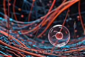 An artistic rendering of a one-dimensional superconducting system, with electrons propagating in opposite directions within a nanoscale space.