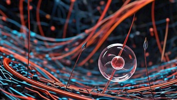 An artistic rendering of a one-dimensional superconducting system, with electrons propagating in opposite directions within a nanoscale space.