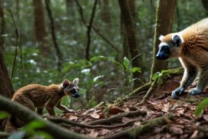 An illustration depicting a fosa stalking a diademed sifaka lemur in the isolated Betampona Strict Nature Reserve in Madagascar