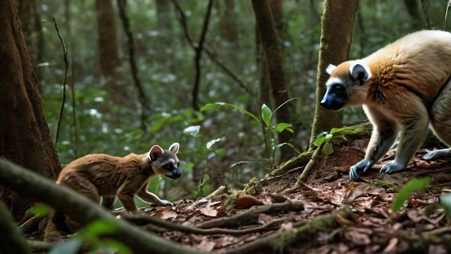 An illustration depicting a fosa stalking a diademed sifaka lemur in the isolated Betampona Strict Nature Reserve in Madagascar