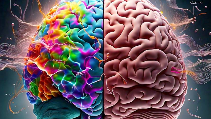 An illustration depicting a human brain with colorful, pulsating waves emanating from different regions