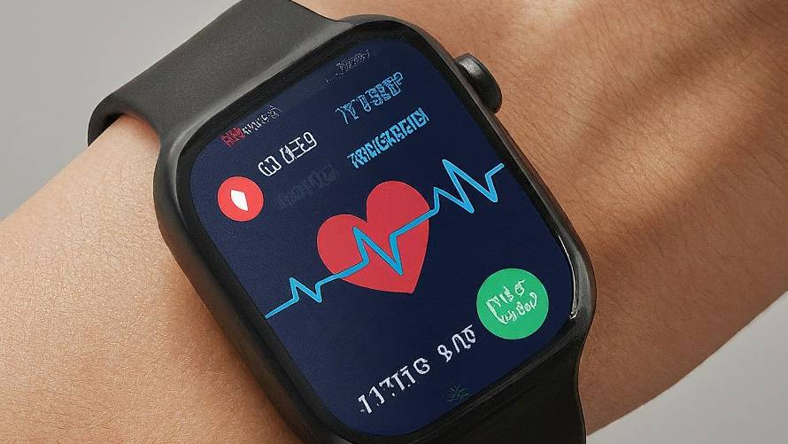 An illustration depicting a smartwatch displaying a heart rate graph, with an alert indicating an upcoming atrial fibrillation episode